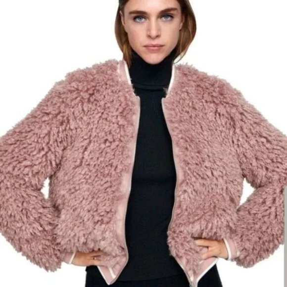 Zara Basic Dusty Pink Mauve Faux Fur Teddy Boho Bomber Jacket Size XS - Picture 1 of 15